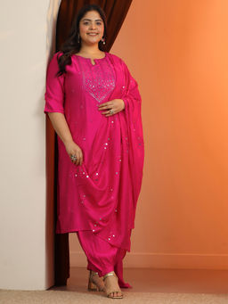 Extra love by Libas - Plus Size Pink Floral Thread Work Kurta & Salwar with Dupatta (Set of 3)