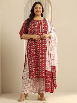 Extra love by Libas - Plus Size Women Red Floral Printed Kurta & Palazzo with Dupatta (Set of 3)