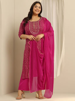 Extra love by Libas - Plus Size Pink Bandhani Printed Kurta & Pant with Dupatta (Set of 3)
