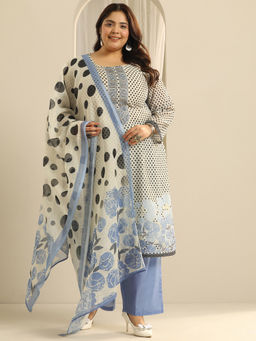Extra love by Libas - Plus Size Blue Polka Dot Printed Kurta & Pant with Dupatta (Set of 3)