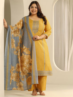 Extra love by Libas - Plus Size Mustard Embroidered Design Kurta & Pant with Dupatta (Set of 3)
