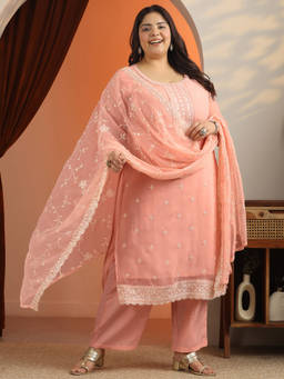 Extra love by Libas - Plus Size Women Peach Embroidered Kurta & Pant with Dupatta (Set of 3)