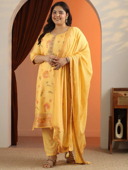 Extra love by Libas - Plus Size Yellow Floral Woven Design Kurta & Pant with Dupatta (Set of 3)