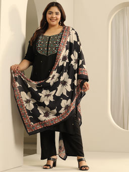 Extra love by Libas - Plus Size Purple Floral Kurta & Pant with Dupatta (Set of 3)