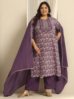 Extra love by Libas - Plus Size Women Purple Floral Kurta & Pant with Dupatta (Set of 3)