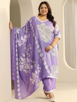 Extra love by Libas - Plus Size Lavender Floral Printed Kurta & Pant with Dupatta (Set of 3)