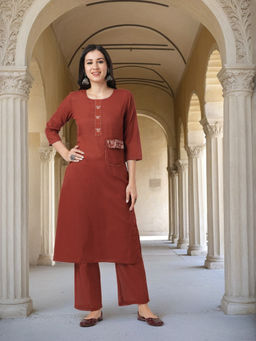 FASHOR - Solid Figurative Thread Embroidered Straight Fit Co-Ord (Set of 2)