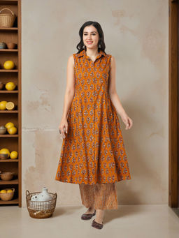 FASHOR - Floral and Stripes Printed A-Line Panelled Kurta and Pant - Mustard (Set of 2)