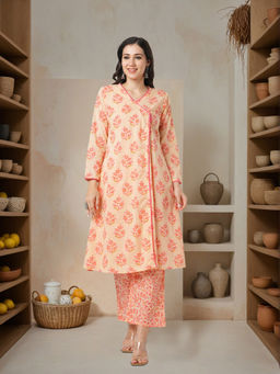 FASHOR - Ethnic Floral Printed A-Line Angrakha Kurta and Pant - Peach (Set of 2)