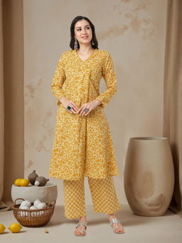 FASHOR - Ethnic Floral Printed A-Line Angrakha Kurta and Pant - Yellow (Set of 2)
