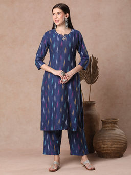 FASHOR - Blue Ethnic Ikat Woven Straight Fit Co-Ord (Set of 2)