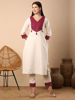 FASHOR - Solid Ethnic Mirror Embroidered Straight Fit Co-Ord (Set of 2)