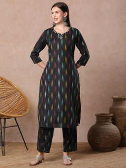 FASHOR - Ethnic Ikat Woven Straight Fit Co-Ord (Set of 2)
