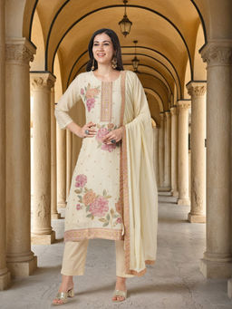 FASHOR - Floral Printed Straight Cut Kurta and Pant with Dupatta - Cream (Set of 3)