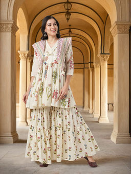FASHOR - Quirky Floral Printed Cotton Kurti and Sharara with Dupatta- Off-White (Set of 3)