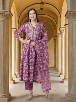 FASHOR - Purple Floral and Mirror Anarkali Kurta and Pant with Dupatta (Set of 3)