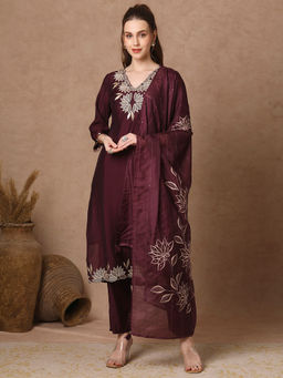 FASHOR - Floral Embroidered Straight Kurta and Pant with Dupatta - Burgundy (Set of 3)