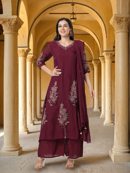 FASHOR - Thread Work Embroidered A-Line Kurta with Palazzo with Dupatta - Burgundy (Set of 3)