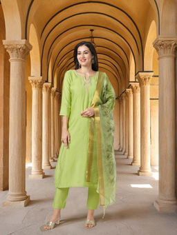 FASHOR - Resham Straight Kurta and Pant and Printed Dupatta - Green (Set of 3)