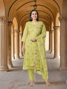 FASHOR - Floral Embroidered Straight Kurta and Pant with Dupatta - Green (Set of 3)