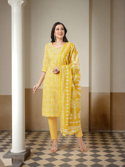 FASHOR - Ethnic Floral Printed Straight Kurta and Pant with Dupatta - Yellow (Set of 3)