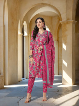 FASHOR - Ethnic Printed and Embroidered Straight Kurta and Pant with Dupatta - Pink (Set of 3)