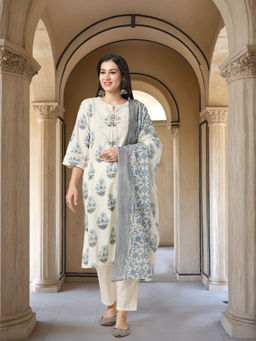 FASHOR - Floral Printed Straight Fit Kurta and Pant with Dupatta - Off-White (Set of 3)