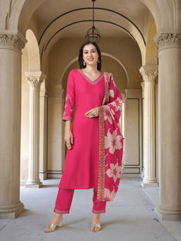 FASHOR - Thread Work Embroidered Straight Kurta and Pant with Dupatta - Pink (Set of 3)