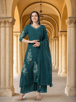 FASHOR - Thread Work Embroidered A-Line Kurta with Palazzo with Dupatta - Green (Set of 3)