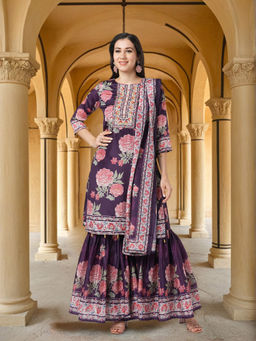 FASHOR - Floral Printed Straight Kurta and Sharara with Dupatta - Purple (Set of 3)