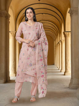 FASHOR - Floral Embroidered Straight Kurta and Pant with Dupatta - Pink (Set of 3)