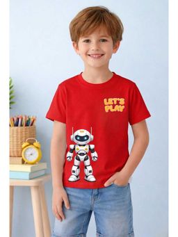 MALKIAT - Boys Red Playful Tech Buddy Printed Cotton T-Shirt