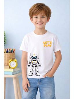 MALKIAT - Boys White Playful Tech Buddy Printed Cotton T-Shirt