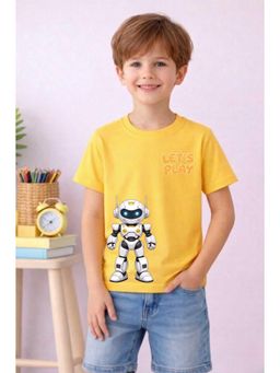 MALKIAT - Boys Yellow Playful Tech Buddy Printed Cotton T-Shirt