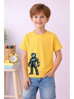 MALKIAT - Boys Yellow Lets Play Robo Hero Printed Cotton T-Shirt