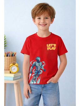 MALKIAT - Boys Red Lets Play Flying Robot Printed Cotton T-Shirt