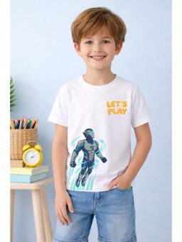 MALKIAT - Boys White Lets Play Flying Robot Printed Cotton T-Shirt