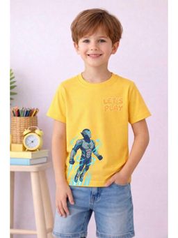MALKIAT - Boys Yellow Lets Play Flying Robot Printed Cotton T-Shirt