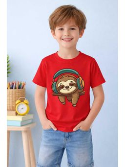 MALKIAT - Boys Red Cute Chill Sloth Printed Cotton T-Shirt