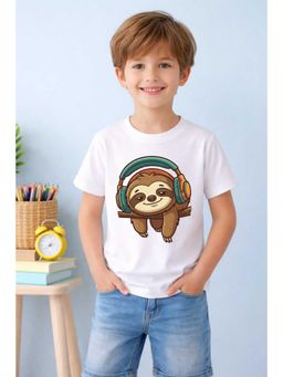 MALKIAT - Boys White Cute Chill Sloth Printed Cotton T-Shirt