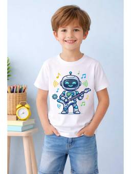 MALKIAT - Boys White Dancing Robot Printed Cotton T-Shirt
