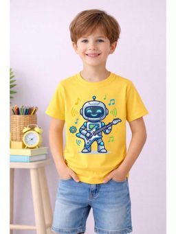 MALKIAT - Boys Yellow Dancing Robot Printed Cotton T-Shirt