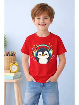 MALKIAT - Boys Red Little Dj Penguin Printed Cotton T-Shirt