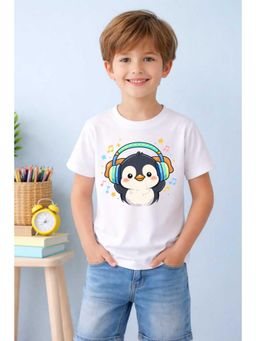MALKIAT - Boys White Little Dj Penguin Printed Cotton T-Shirt