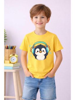 MALKIAT - Boys Yellow Little Dj Penguin Printed Cotton T-Shirt