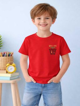 MALKIAT - Boys Red Victory Net Graphic Printed Cotton T-Shirt