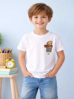 MALKIAT - Boys White Streetball Universe Printed Cotton T-Shirt