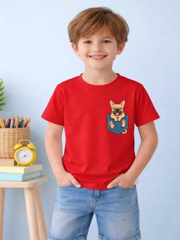 MALKIAT - Boys Red Cute Pup Peek Printed Cotton T-Shirt