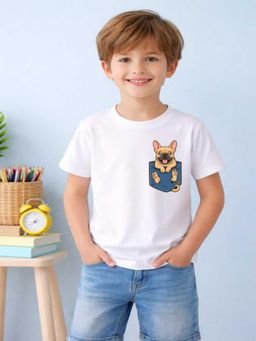 MALKIAT - Boys White Cute Pup Peek Printed Cotton T-Shirt
