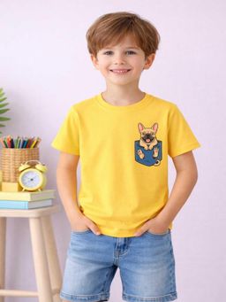 MALKIAT - Boys Yellow Cute Pup Peek Printed Cotton T-Shirt